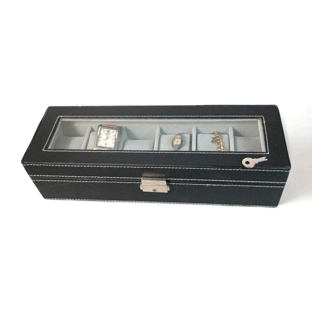 6 Slots Men Women Leather Jewelry Watch Display Case Box Storage Organizer W/Key